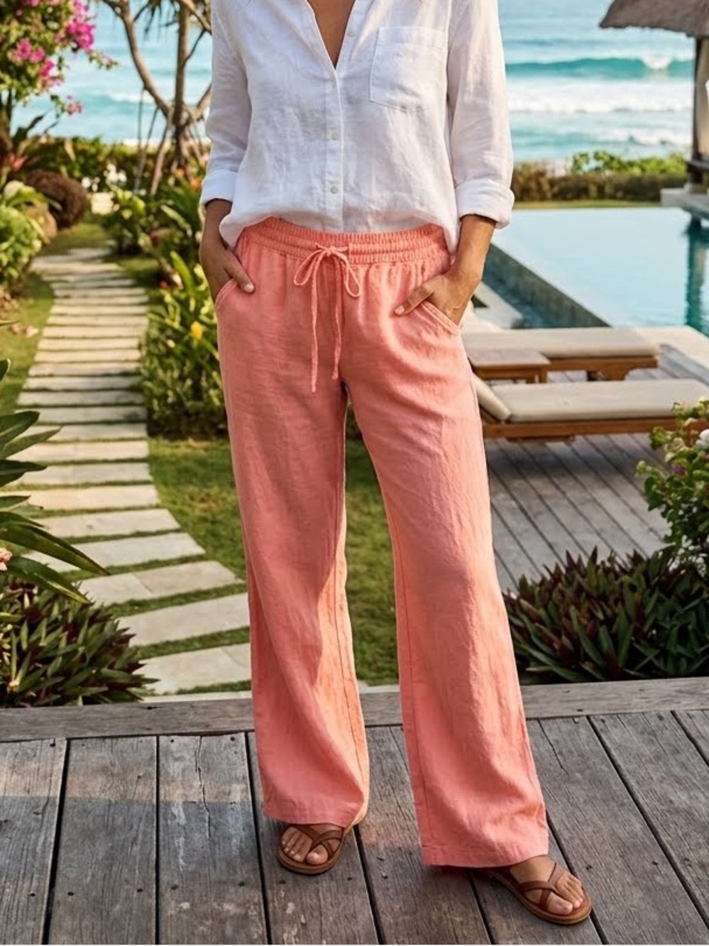 Roxy Linen Wide Leg Flare Drawstring Pants - Picture 13 of 13